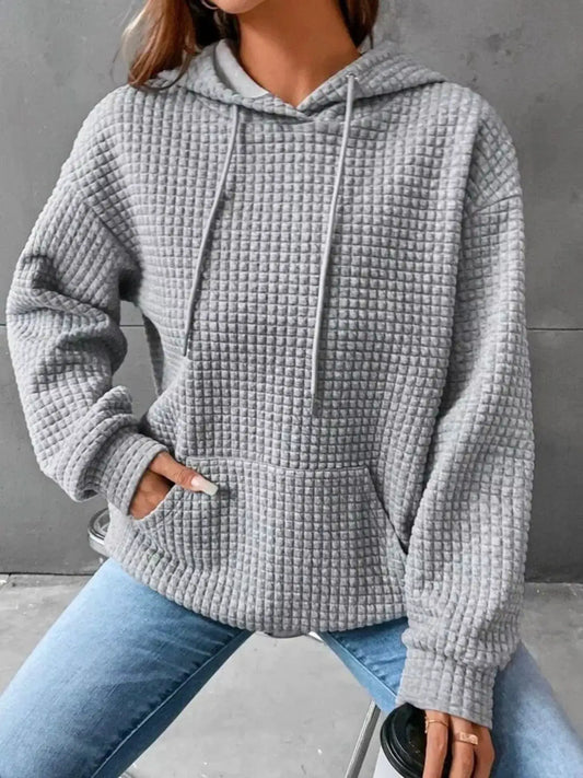Full Size Textured Kangaroo Pocket Hoodie Plus Size by Trendsi, gray quilted waffle fabric, relaxed fit