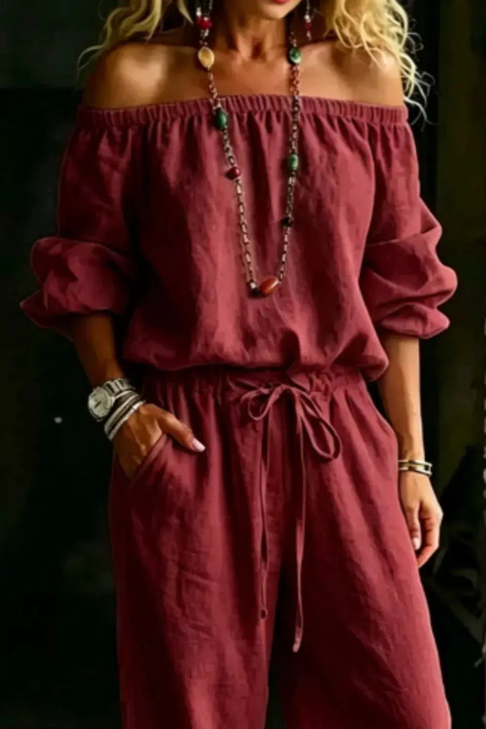 Plus-size burgundy off-shoulder top and pants set with drawstring waist
