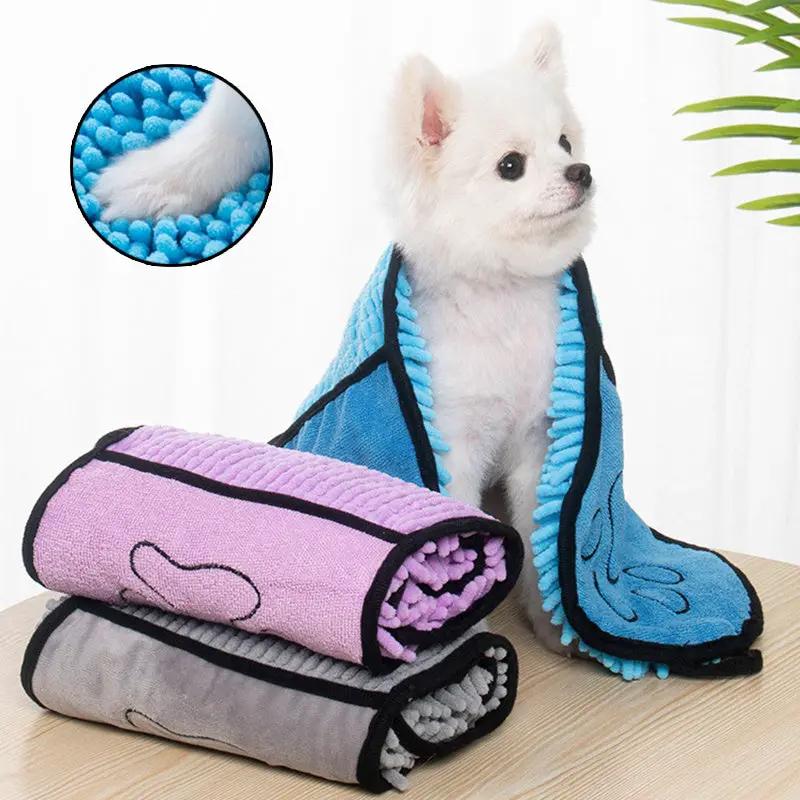 Pet towels set: microfiber dog bathrobe and quick-dry towels; blue robe on white dog, two pink/gray towels.
