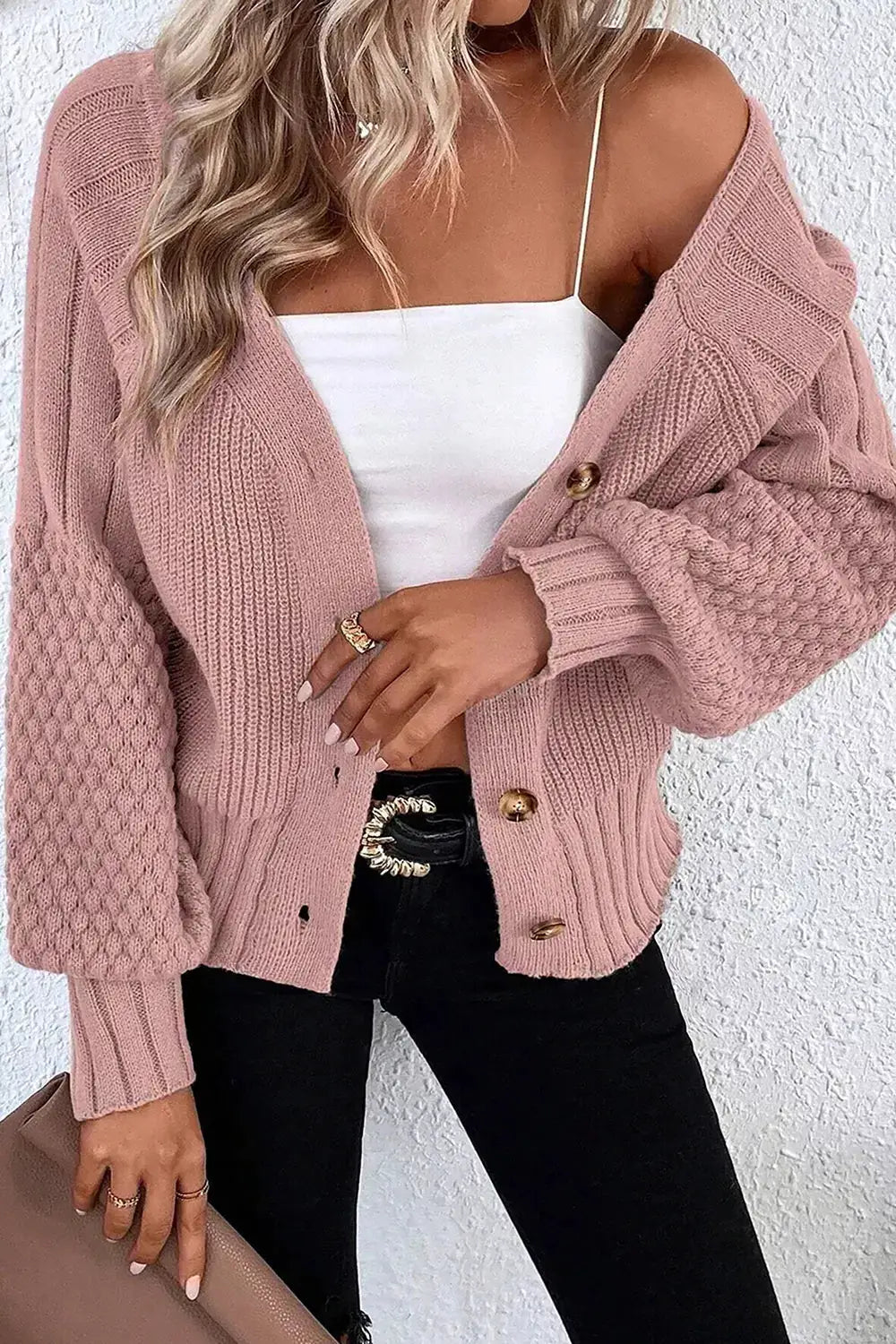 V-Neck Button-Down Cardigan in pink, chunky knit with oversized sleeves