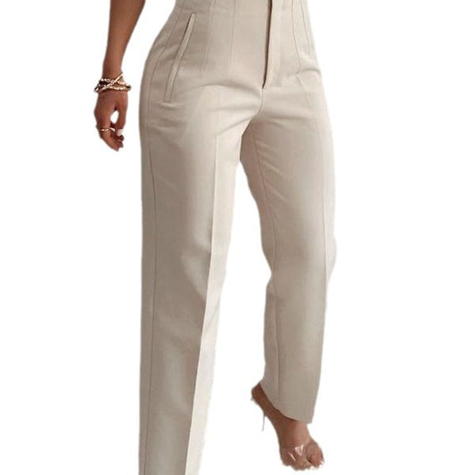 Pantalones Básico Plisados de Talle Alto Ajustados de Color Liso Informales