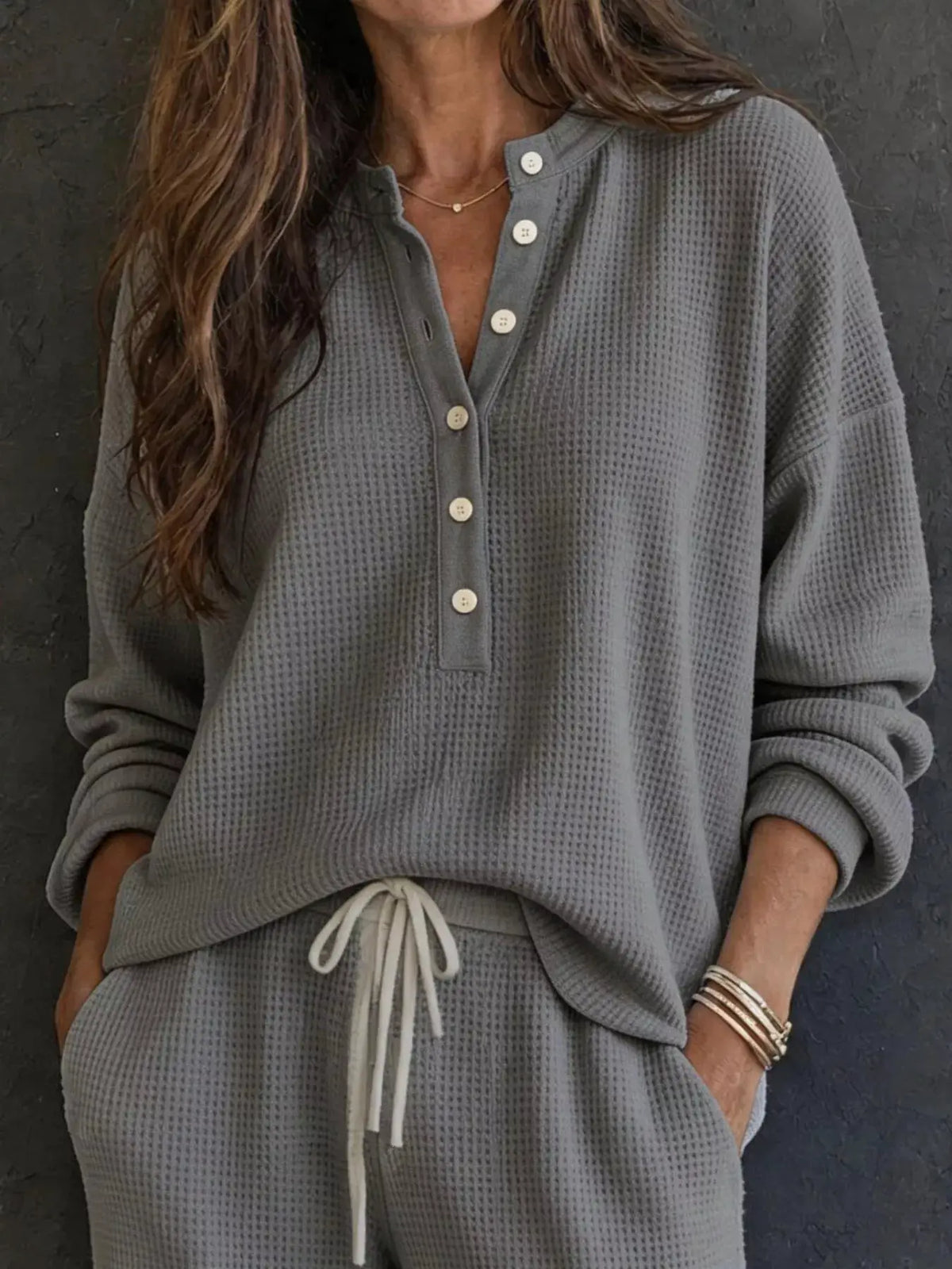 Waffle knit Henley top and wide-leg pants 2-piece set in gray, Trendsi.