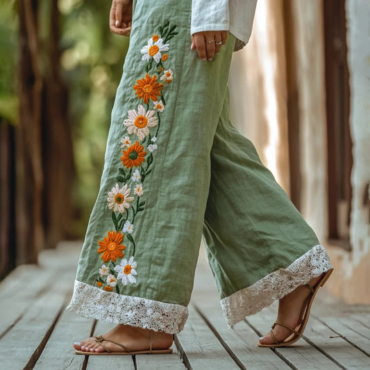 Pantalones Anchos de Lino y Algodón con Bordado de Encaje Floral Estilo Retro Boho