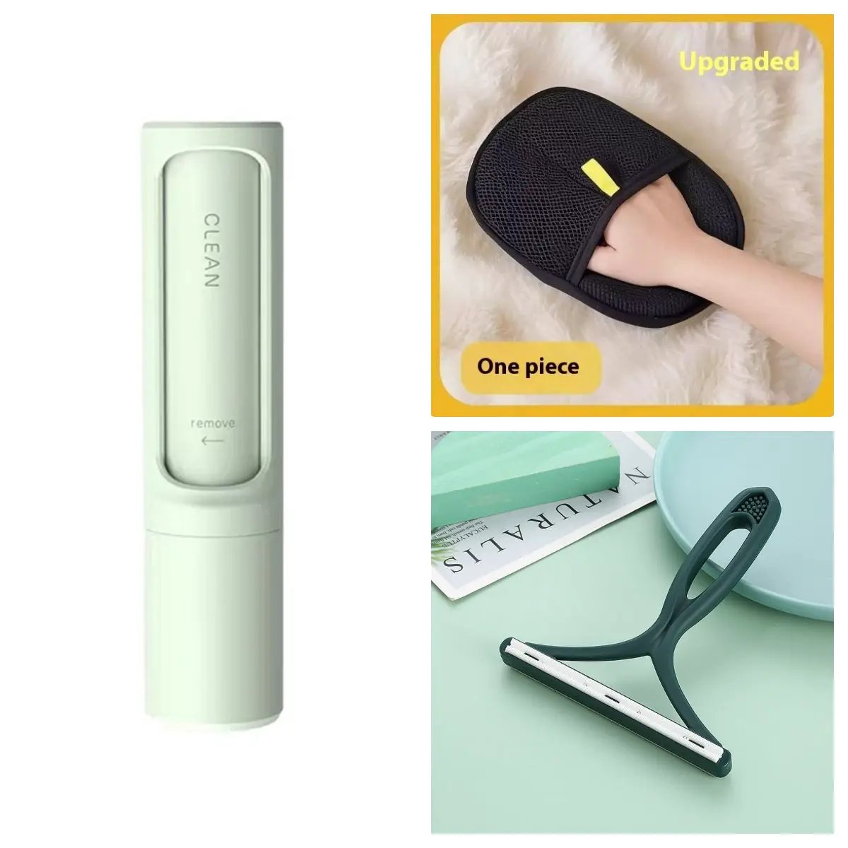 AdTec 3-piece 2-in-1 reusable pet hair remover set with mint green self-cleaning brush and two lint roller tools