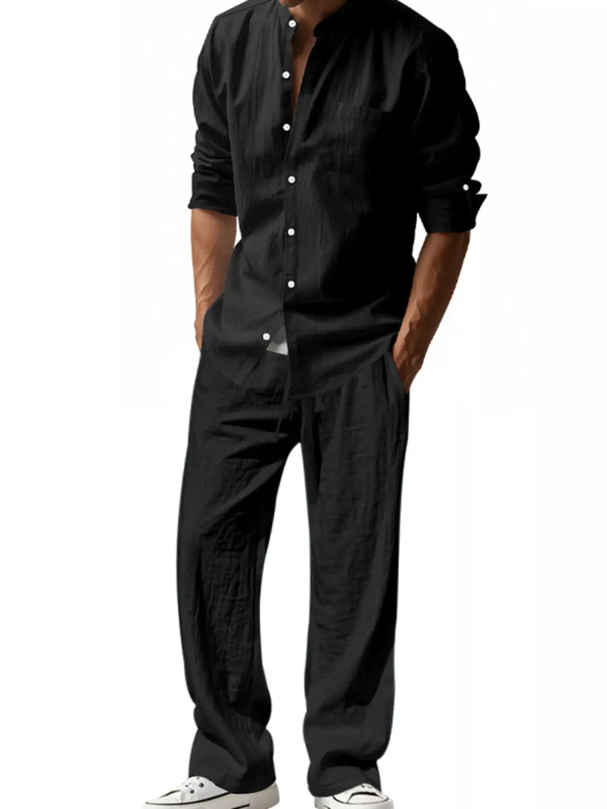 Men's casual black linen-blend button-front shirt and pants set