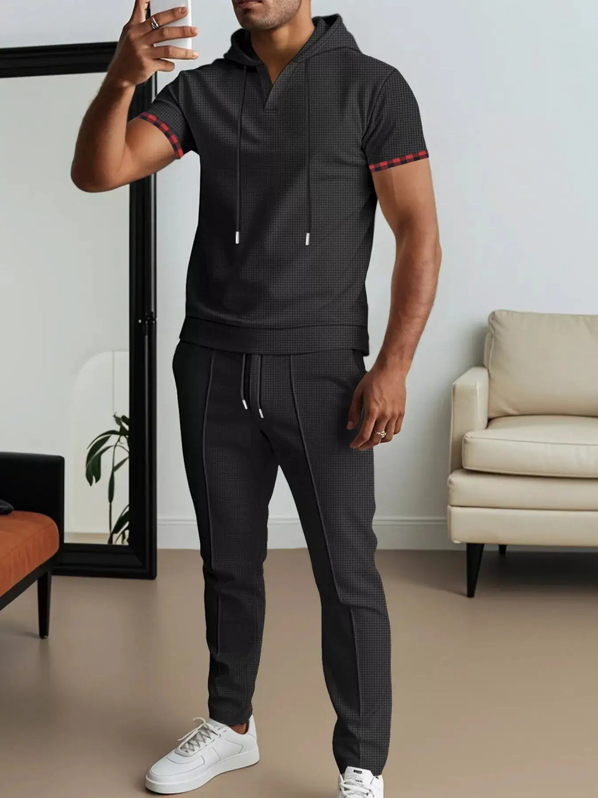 Mens lightweight short-sleeve hoodie and pants lounge set plus size in charcoal grey with red plaid sleeve trim