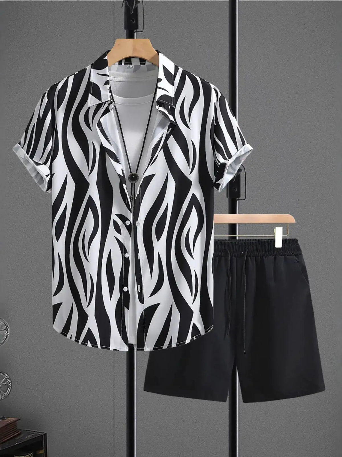 Men's zebra print two-piece shirt and shorts set by Trendsi, black and white pattern.
