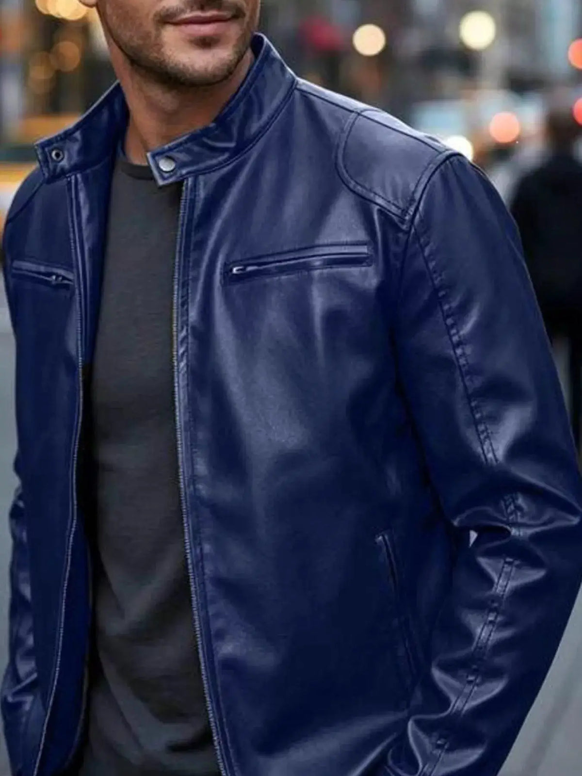 Men's blue faux leather bomber jacket with zip pockets, plus size, by Trendsi