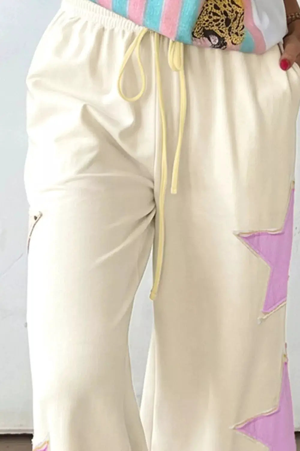 Star Patch Wide Leg Pants, cream palazzo pants with yellow drawstring and pink star patches