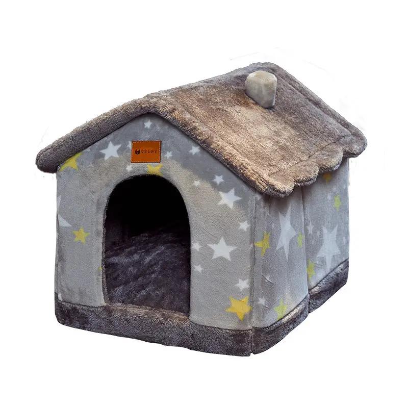 AdTec foldable dog house bed with gray star-pattern fabric and plush brown roof, enclosed cave for pets.