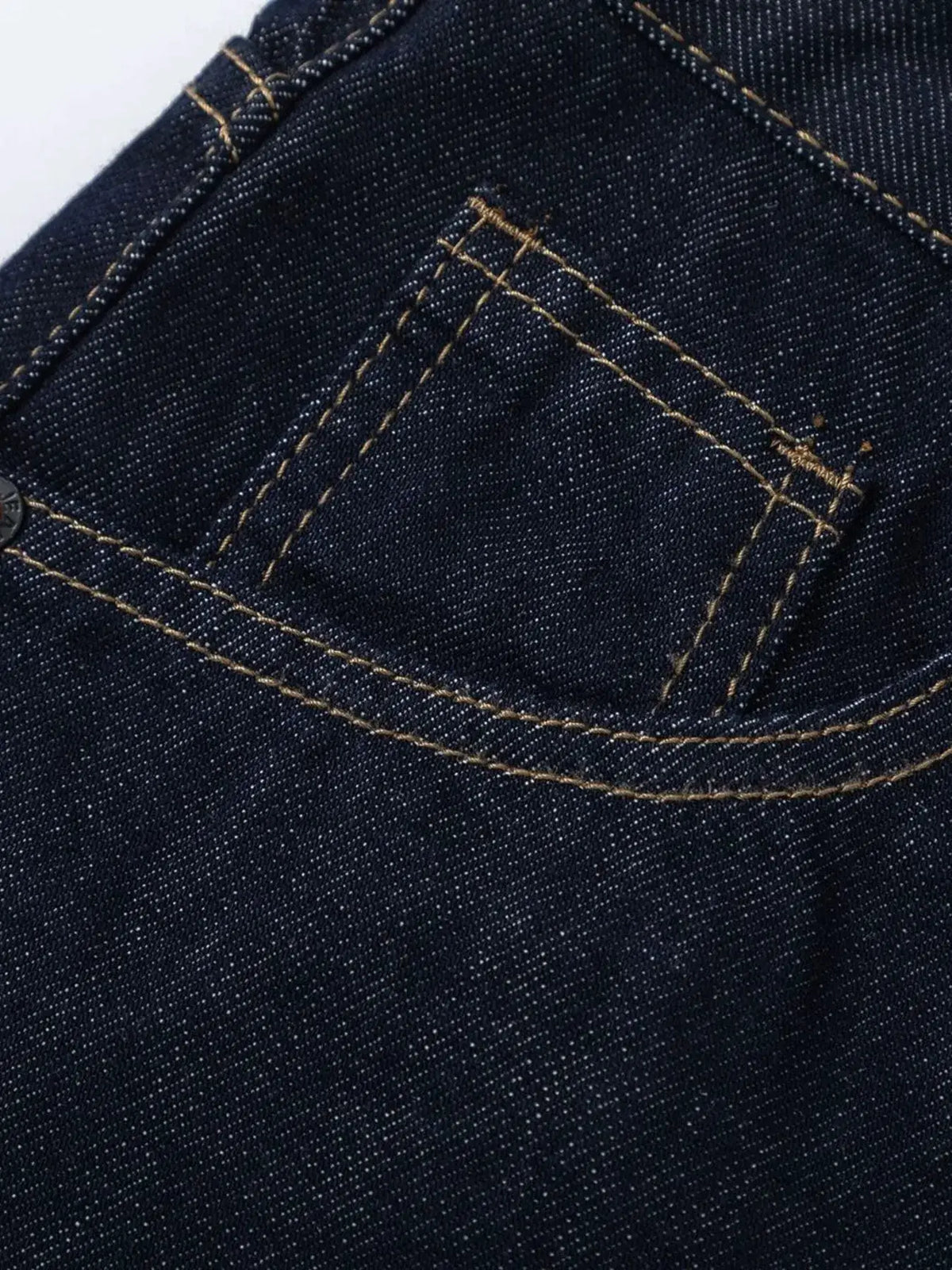 Men's wide-leg denim shorts, pure cotton, dark indigo with gold stitching and pocket detail