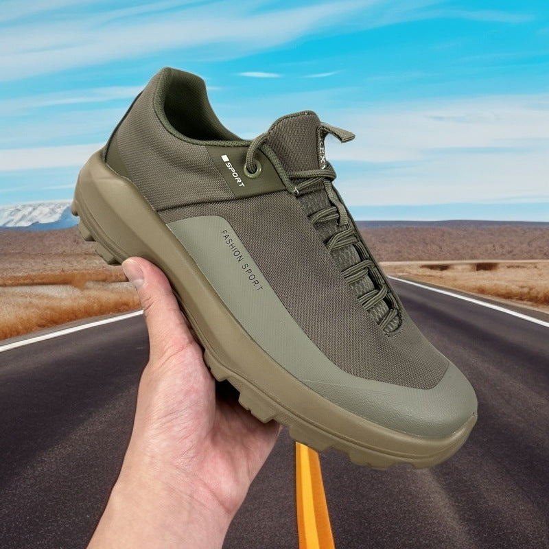 Fashion Sport Sneakers olive-green athletic shoes with lace-up mesh upper and rugged sole