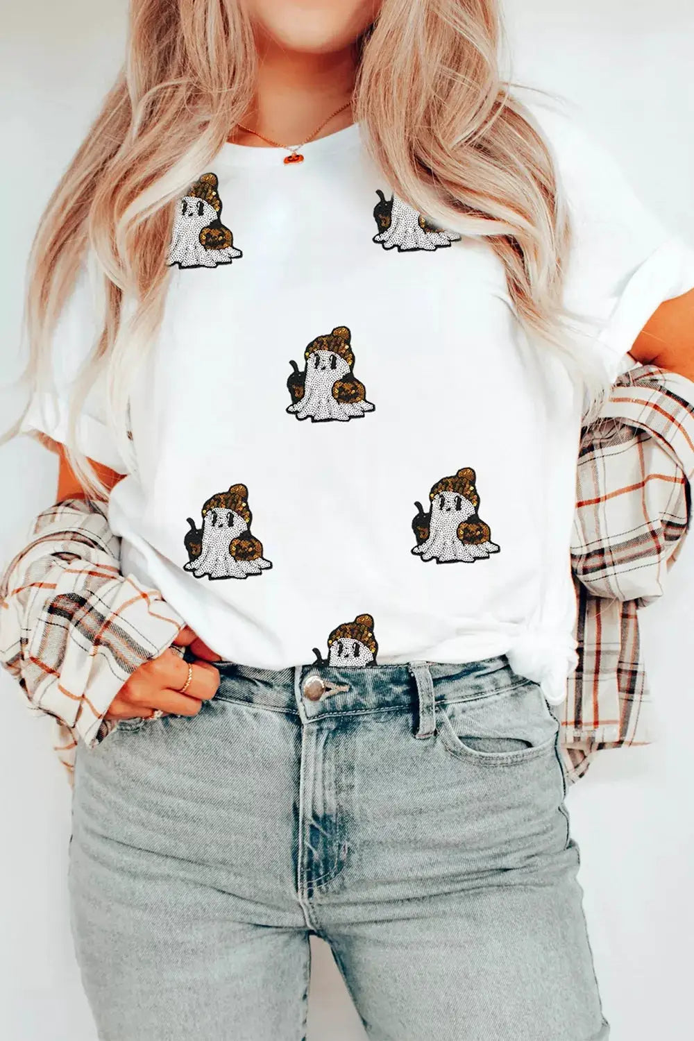 Full-Size Halloween sequin ghost print short-sleeve T-shirt, white, plus size by Trendsi