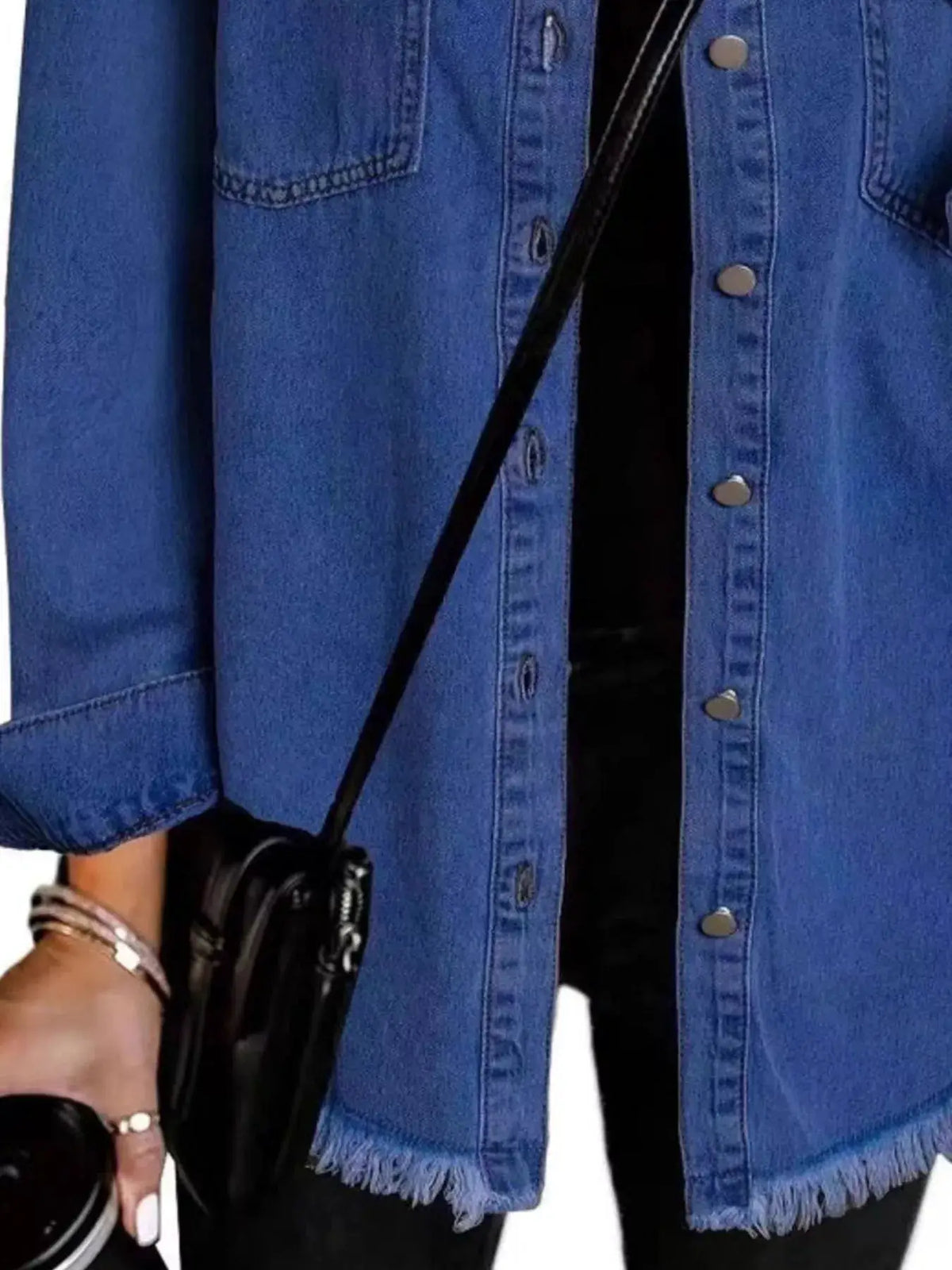 Classic frayed-hem denim jacket with button-up front and side pockets, blue wash