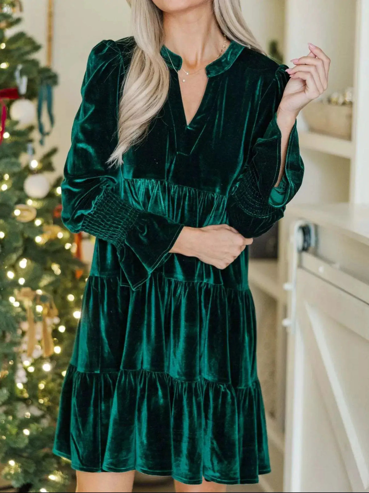 Velvet tiered notched mini dress in emerald green with long sleeves by Trendsi
