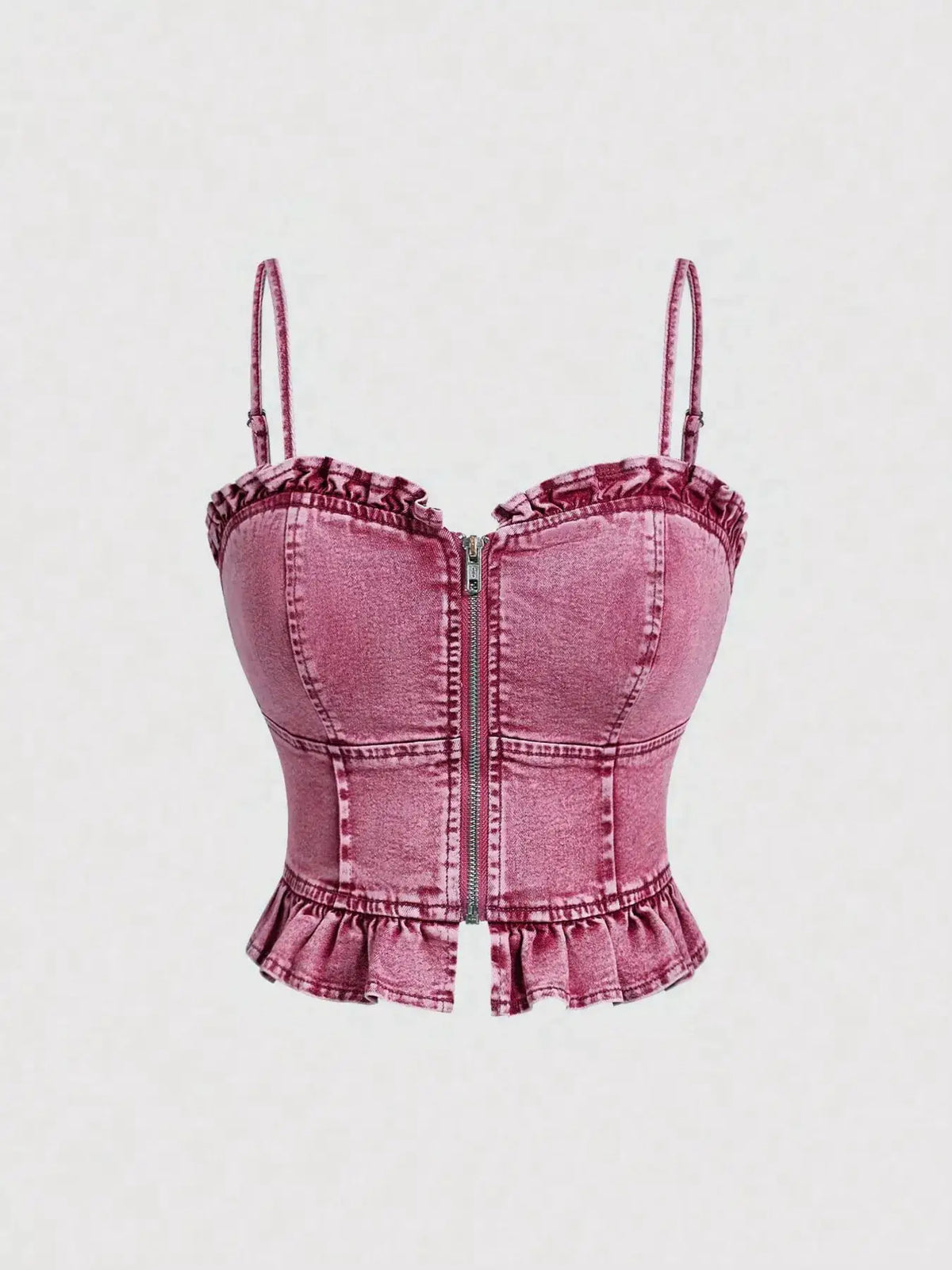 Trendsi Sweetheart Neck Denim Cami Top in pink with cotton-polyester front zip