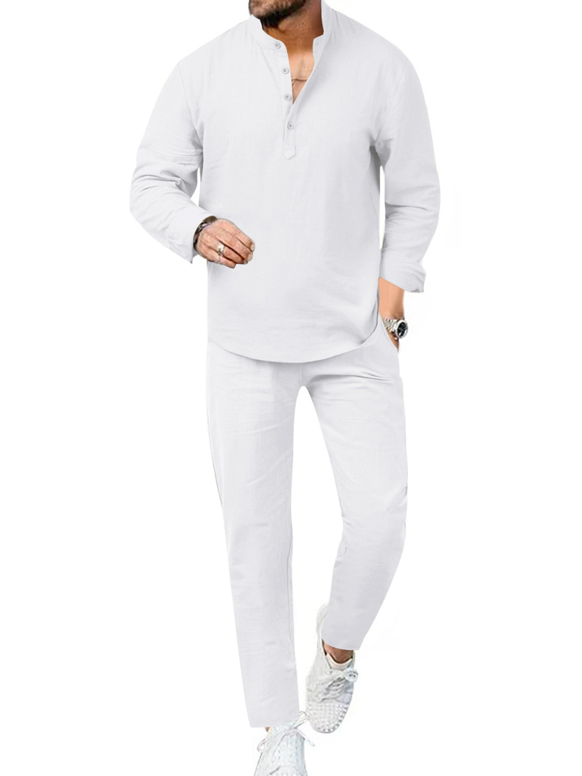 Men's full-size casual long-sleeve shirt and pants set in white by Trendsi