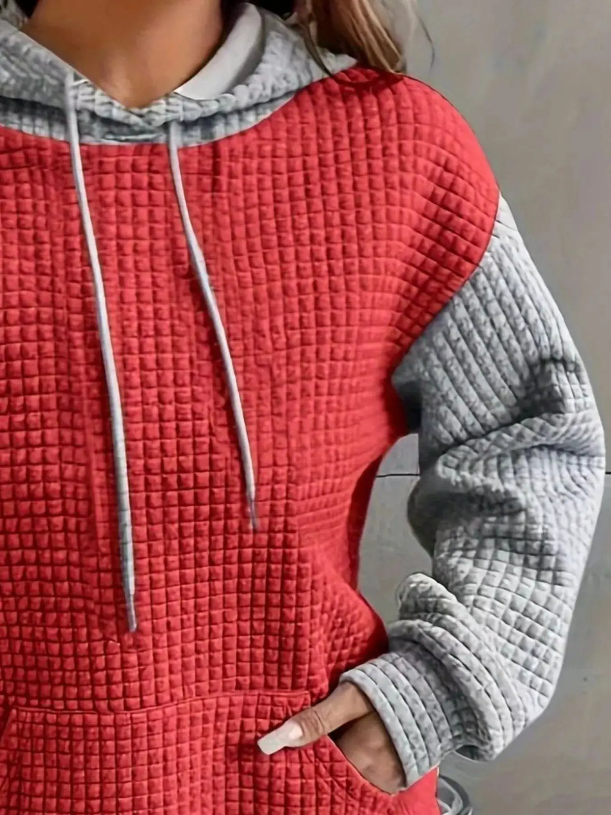 Full Size Textured Kangaroo Pocket Hoodie Plus Size in red with gray sleeves and white drawstrings