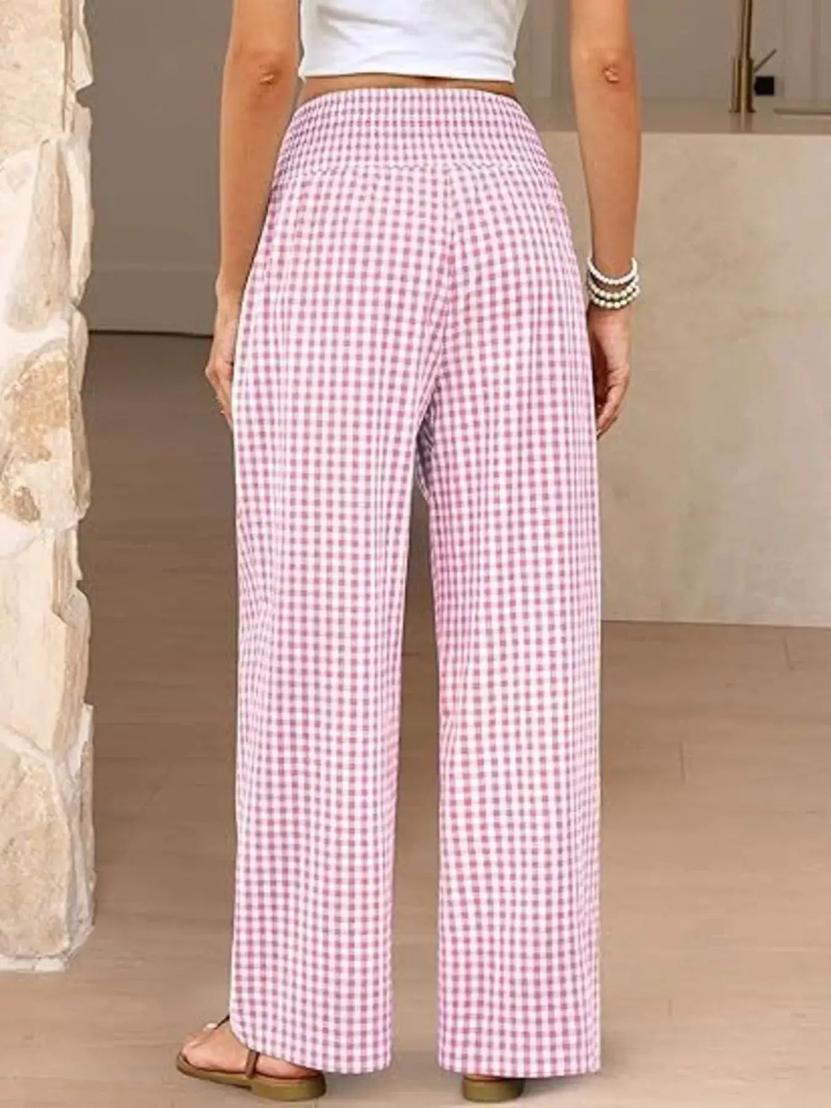 Gingham Wide-Leg Pants, pink-and-white gingham, high-waisted, full-length Trendsi