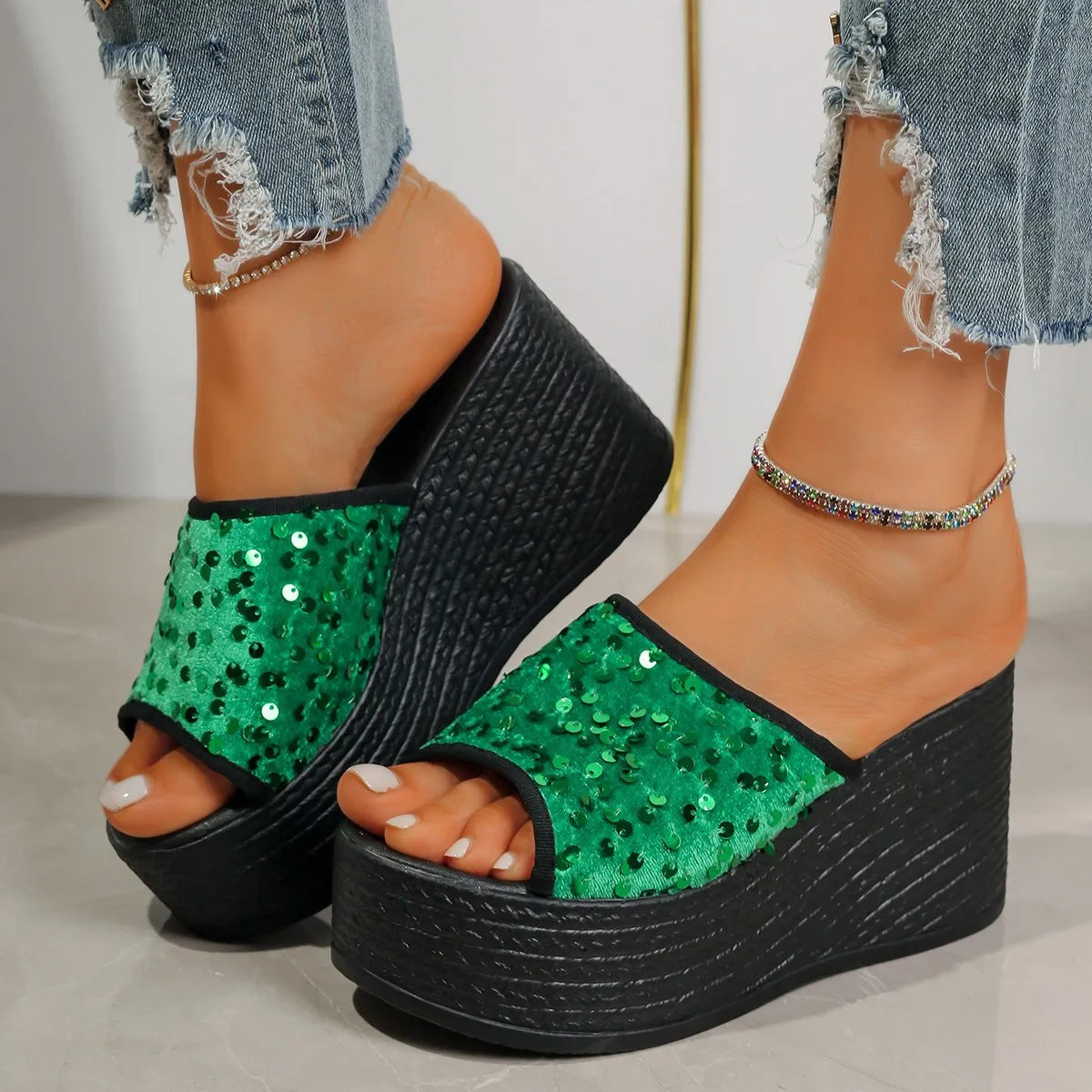Rhinestone peep-toe wedge sandals by Trendsi; green sequin strap on black platform wedge, pair