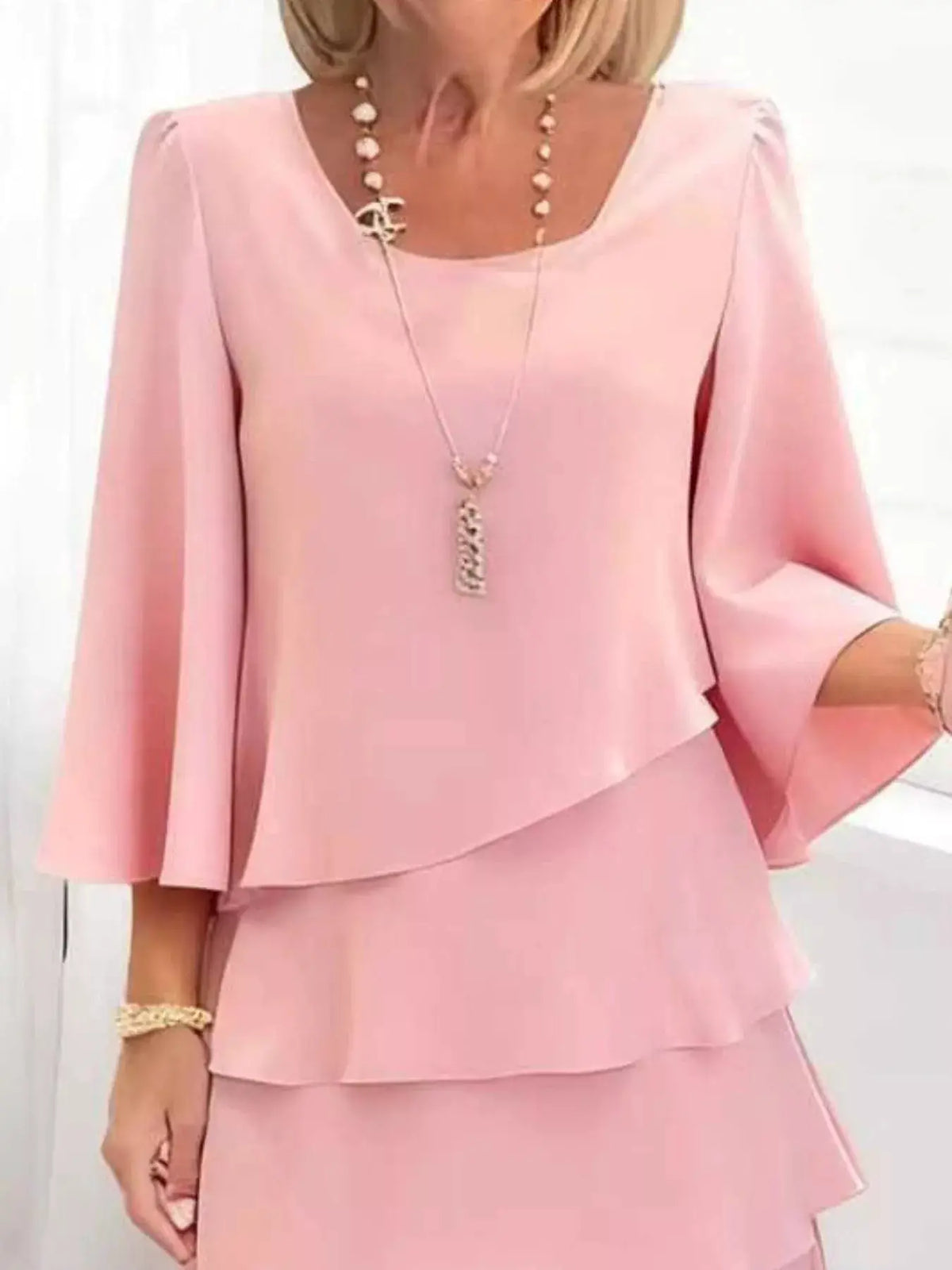 Full Size Ruffled Layered Dress with 3/4 sleeves in pink for plus size