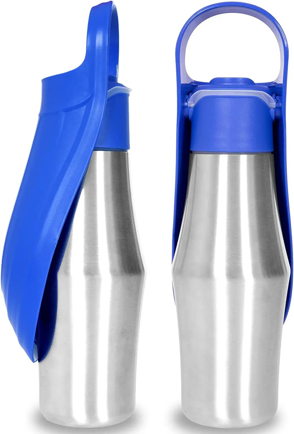 Two portable dog water bottles by AdTec with blue silicone leaf lids and stainless steel bodies