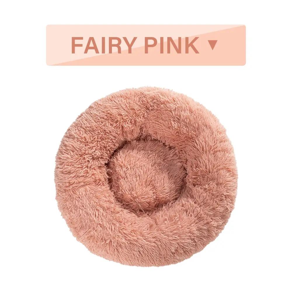 Fluffy donut dog bed in fairy pink, long plush fabric, washable pet cushion