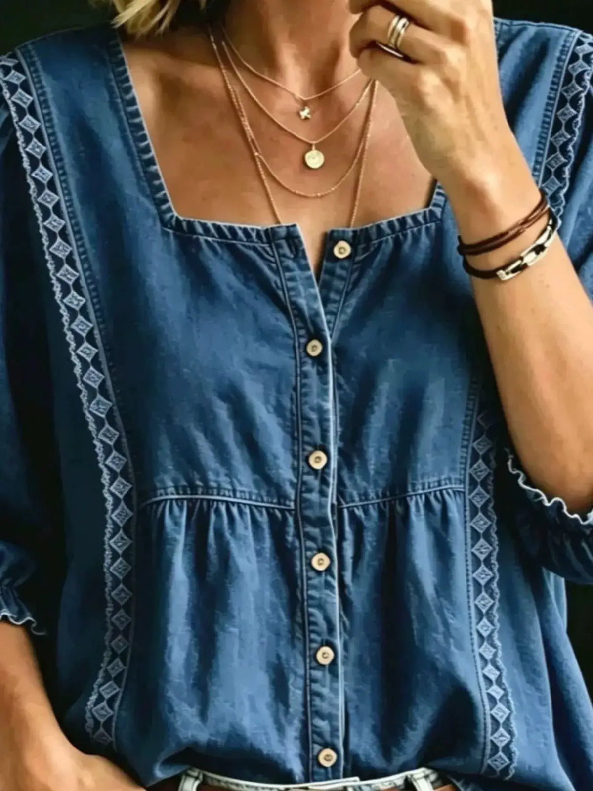 Plus Size Square-Neck Button-Down Denim Shirt in blue with ruffle trim