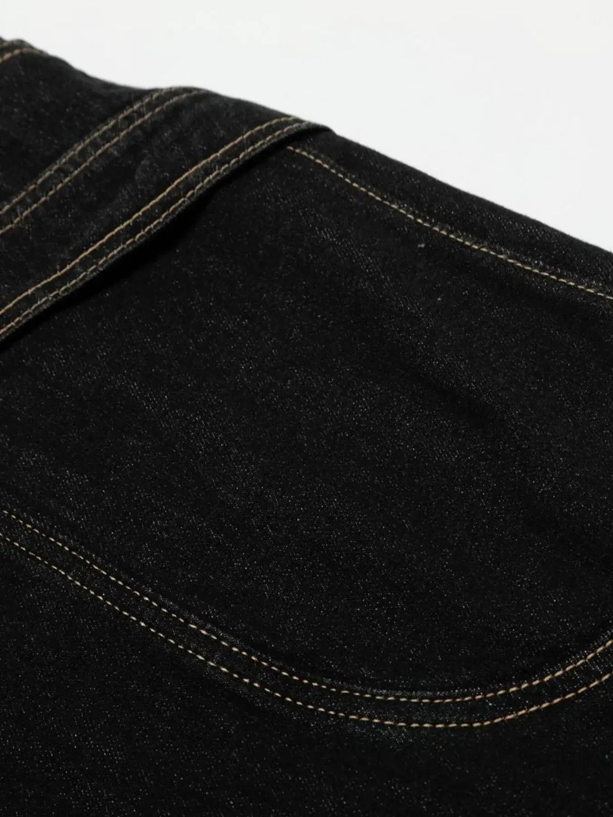 Mens wide-leg cotton denim shorts in dark wash with tan contrast stitching