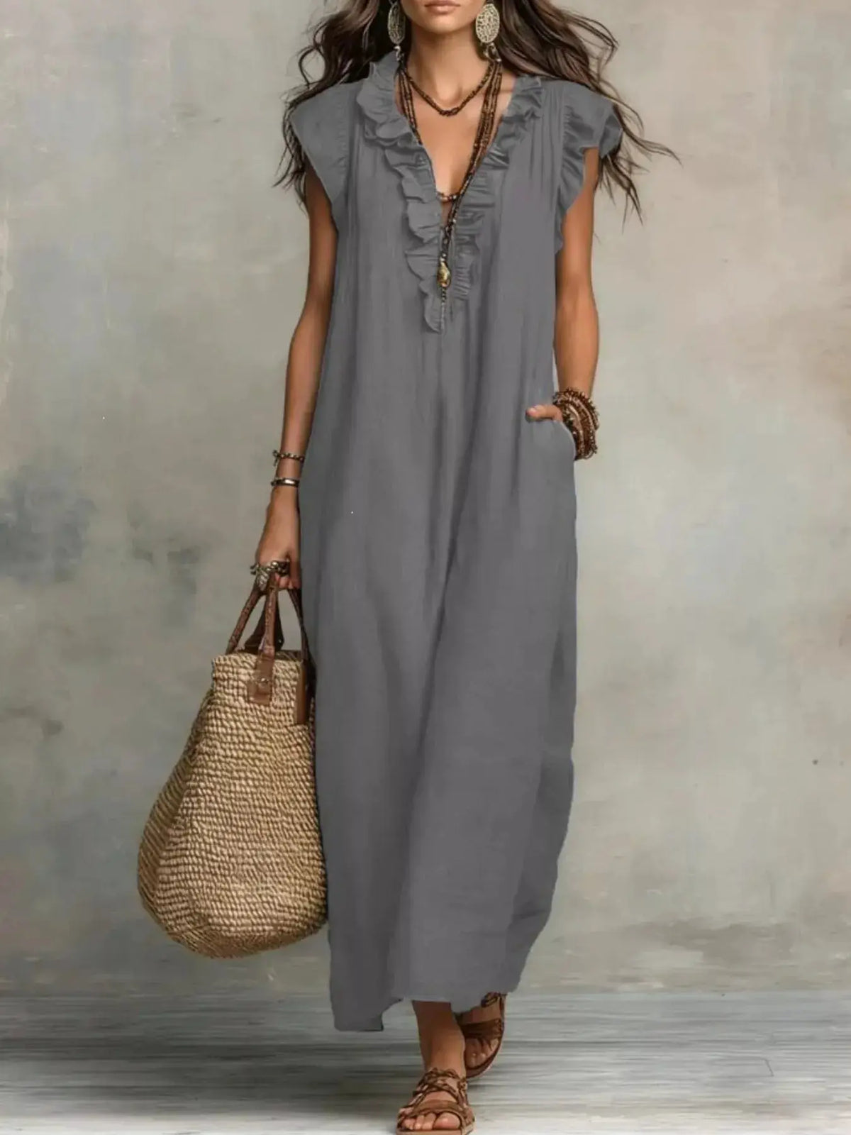 Full Size Ruffled V-Neck Cap Sleeve Maxi Dress Plus Size in gray with front neckline ruffle, flowy ankle-length.