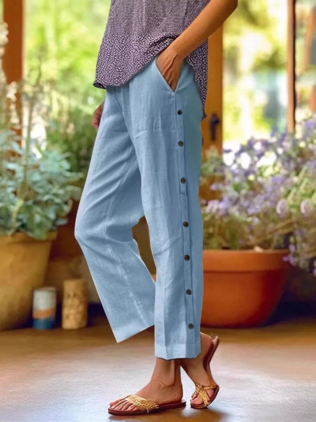 Full Size Side Button Decor Pants Plus Size, light blue pocketed Trendsi trousers