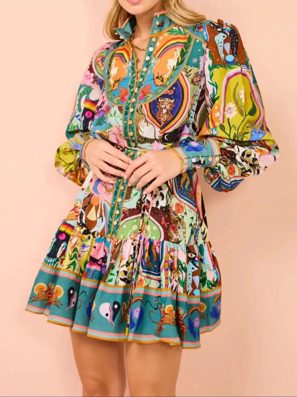 Printed long sleeve mini dress with belt by Trendsi in vibrant multicolor print.