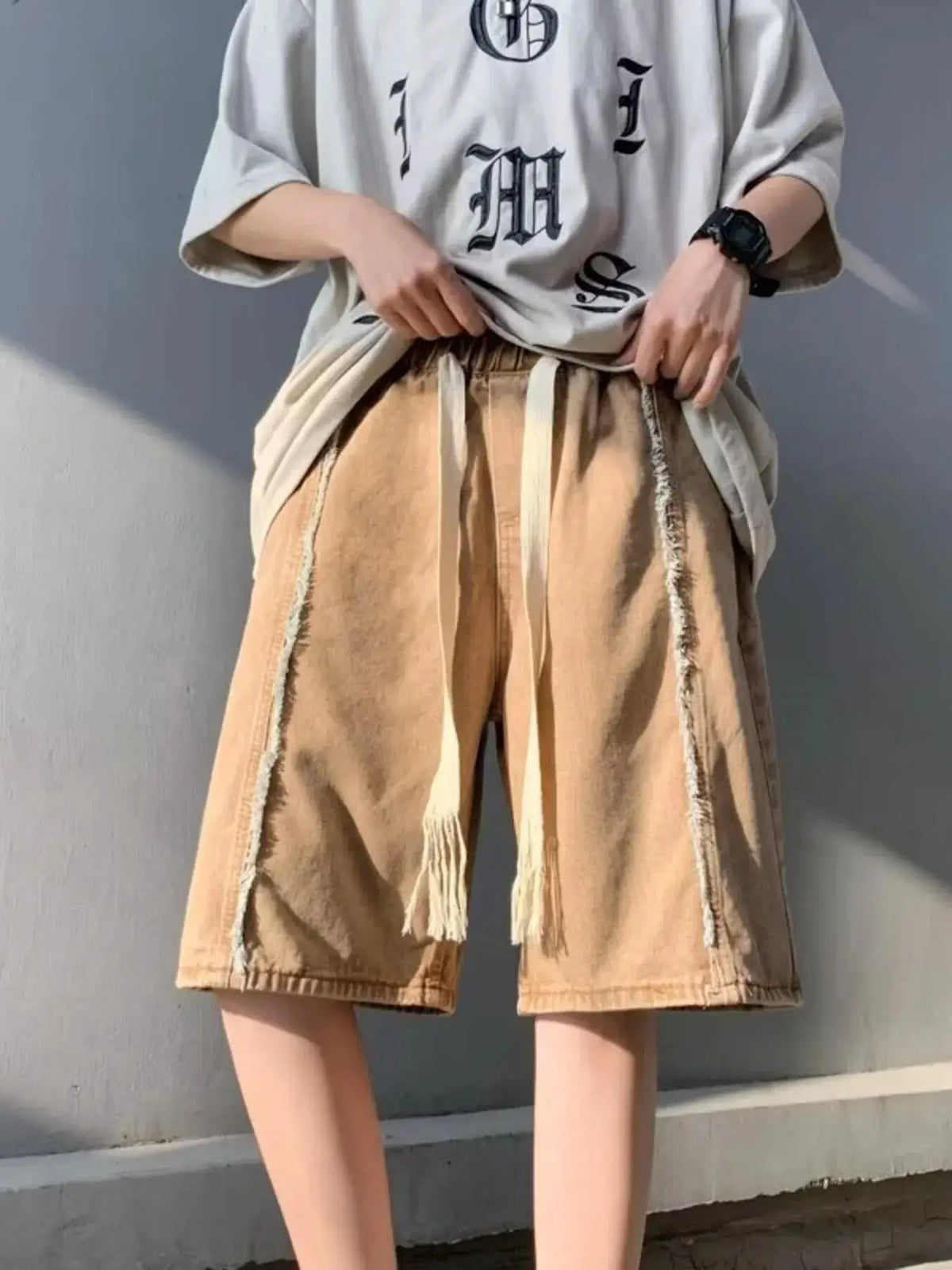 Men's plus-size washed denim shorts with stretch drawstring waist pockets in tan