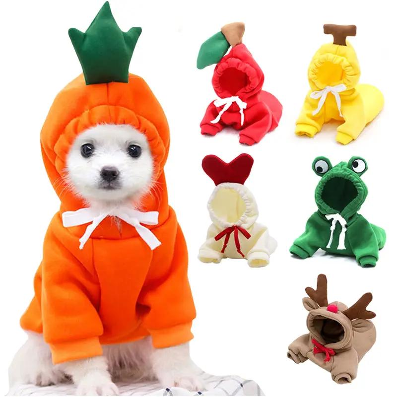 Six cute fruit dog hoodies for small dogs by AdTec in carrot orange, red, yellow, white, green frog, and brown reindeer.