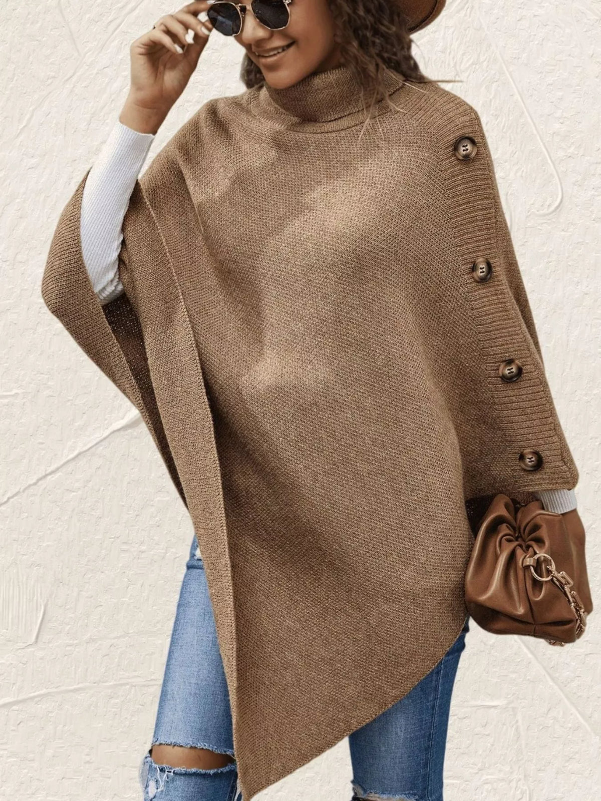 Trendsi buttoned turtleneck poncho pullover in camel knit with side button accents