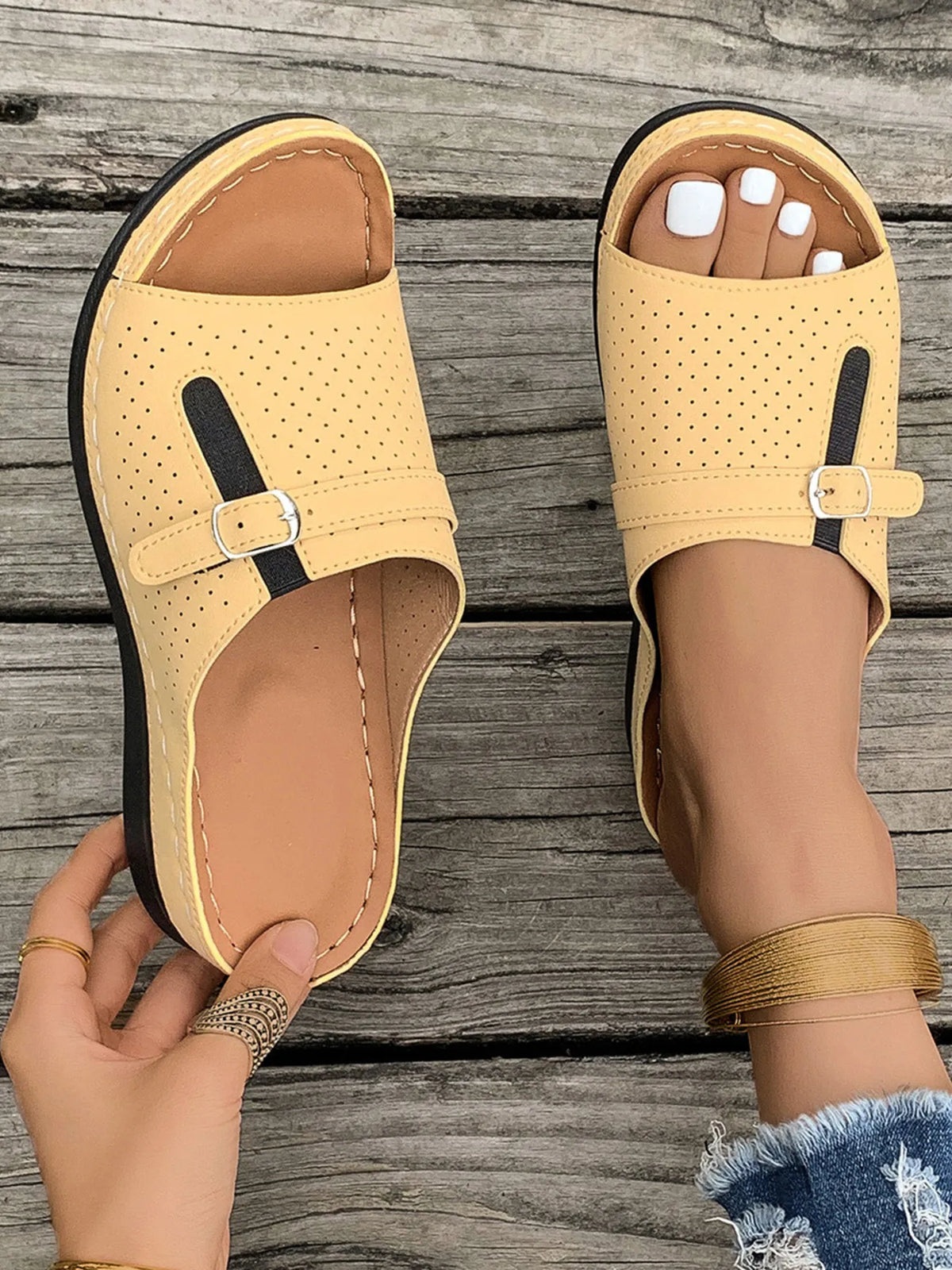 Casual Comfort Buckle Strap Sandals, yellow perforated open-toe footwear