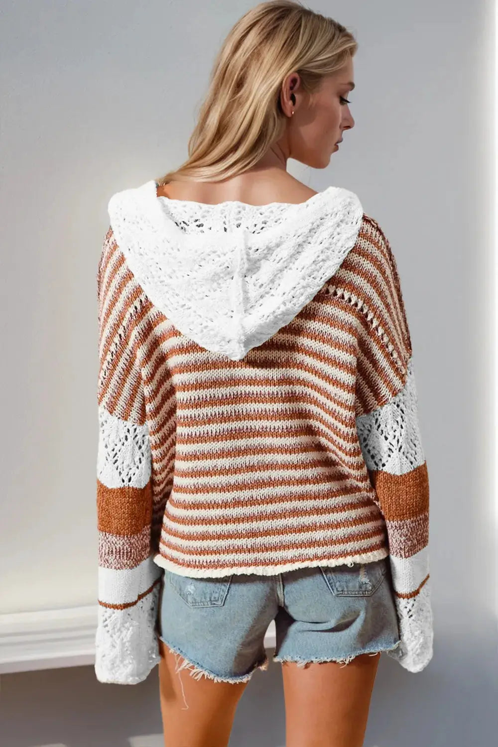 Double Take full-size openwork hooded sweater by Trendsi; brown/cream stripes with white hood, plus size