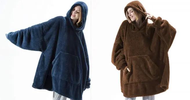 Hoodie sweatshirt, two oversized fleece hoodies in navy blue and brown with large front pockets.