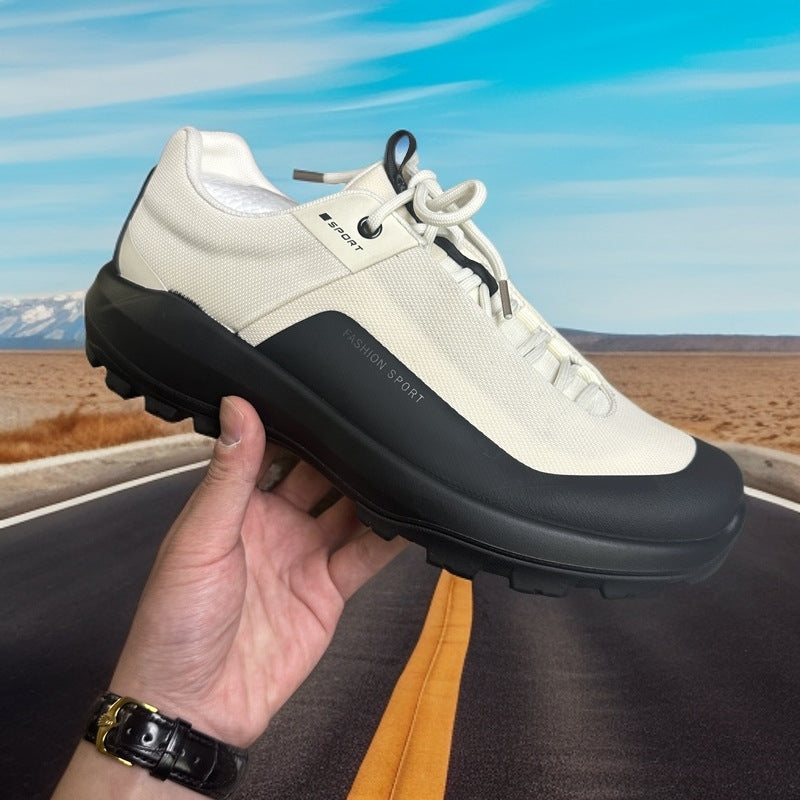 Fashion Sport Sneakers by AdTec, cream textile upper with black chunky sole, lace-up design with grippy tread.