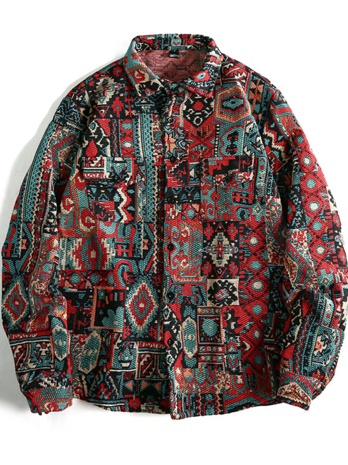 Men's Geometric Button Up Shacket in red, teal and black with a bold geometric pattern.