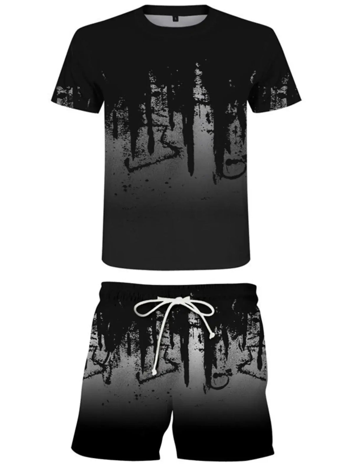 Mens two-piece printed tee and drawstring shorts set with stretch, black gradient print, Trendsi