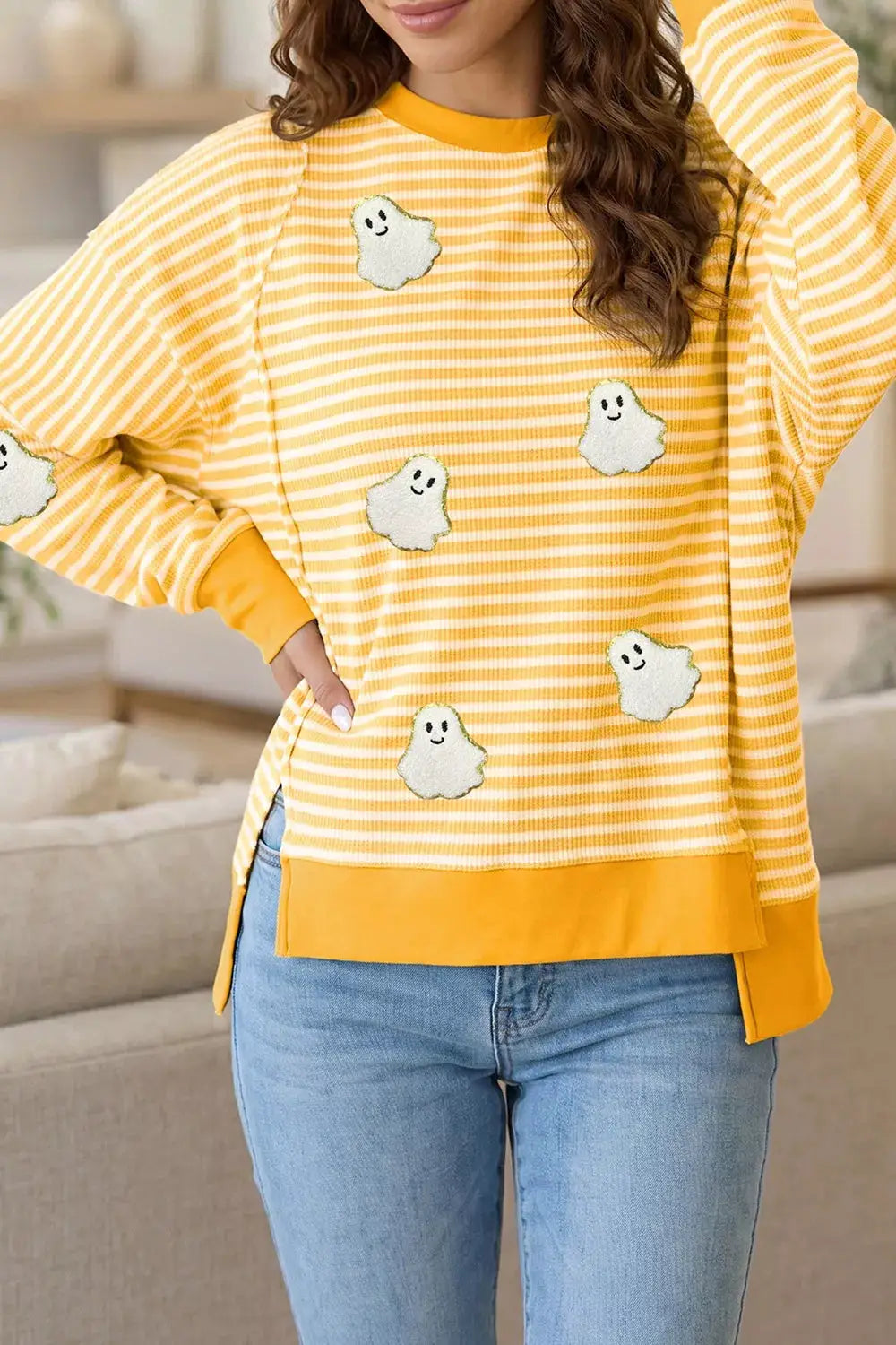 Stripe Halloween Ghost Patch Round Neck Long Sleeve Top, yellow striped with white ghost patches