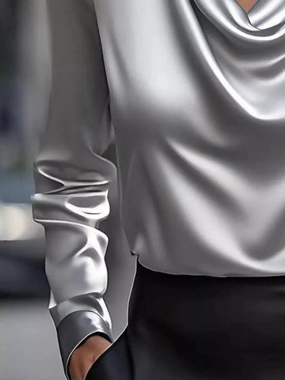 Full-size satin cowl-neck long-sleeve blouse in silver plus size by Trendsi