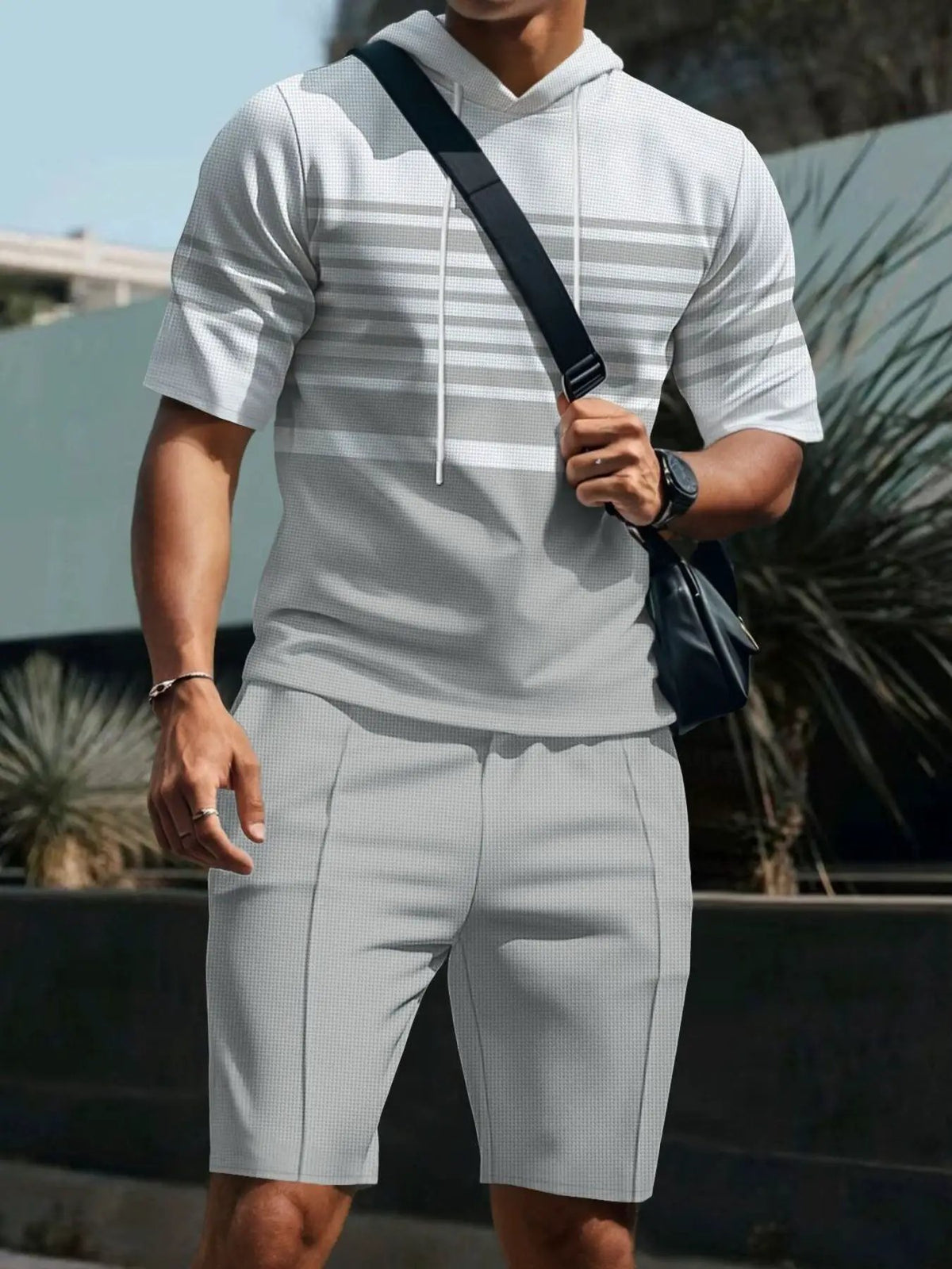 Men's striped short-sleeve hoodie and shorts set in light gray, plus size