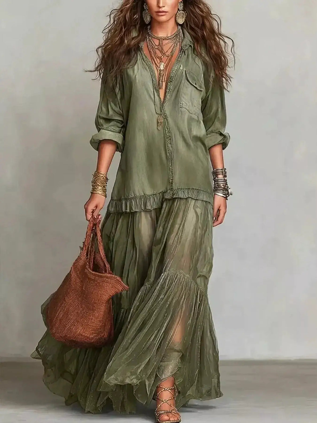 Trendsi plus-size olive green denim shirt maxi dress with tiered skirt and long sleeves