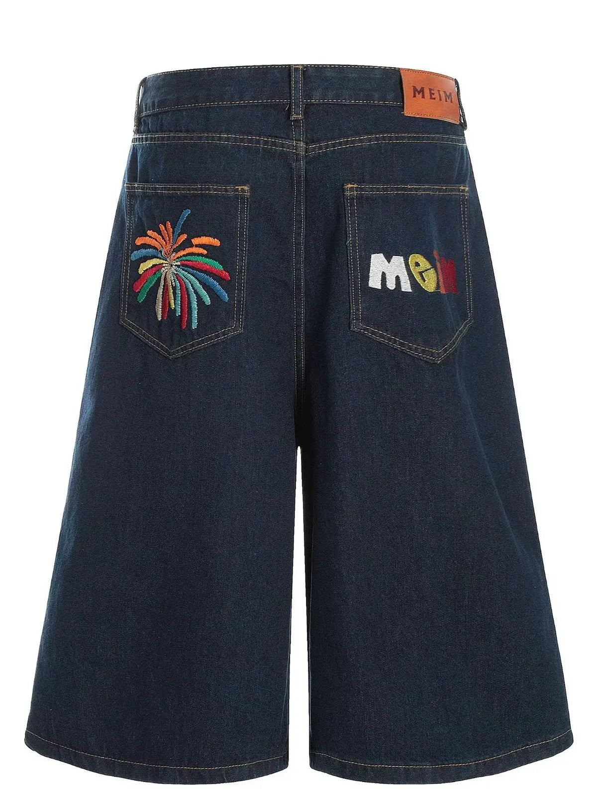 Mens oversized wide-leg denim shorts, 100% cotton, dark denim with palm embroidery on left pocket and Meim patch.