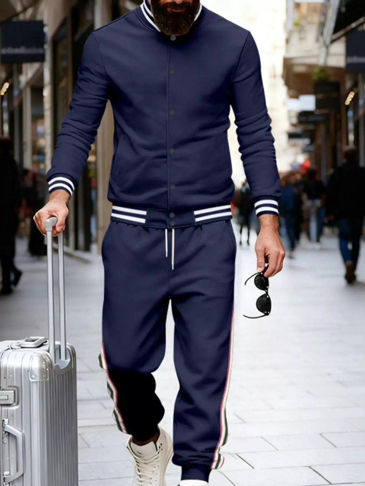 Mens navy striped snap-front loungewear set with drawstring waist and pockets, two-piece by Trendsi