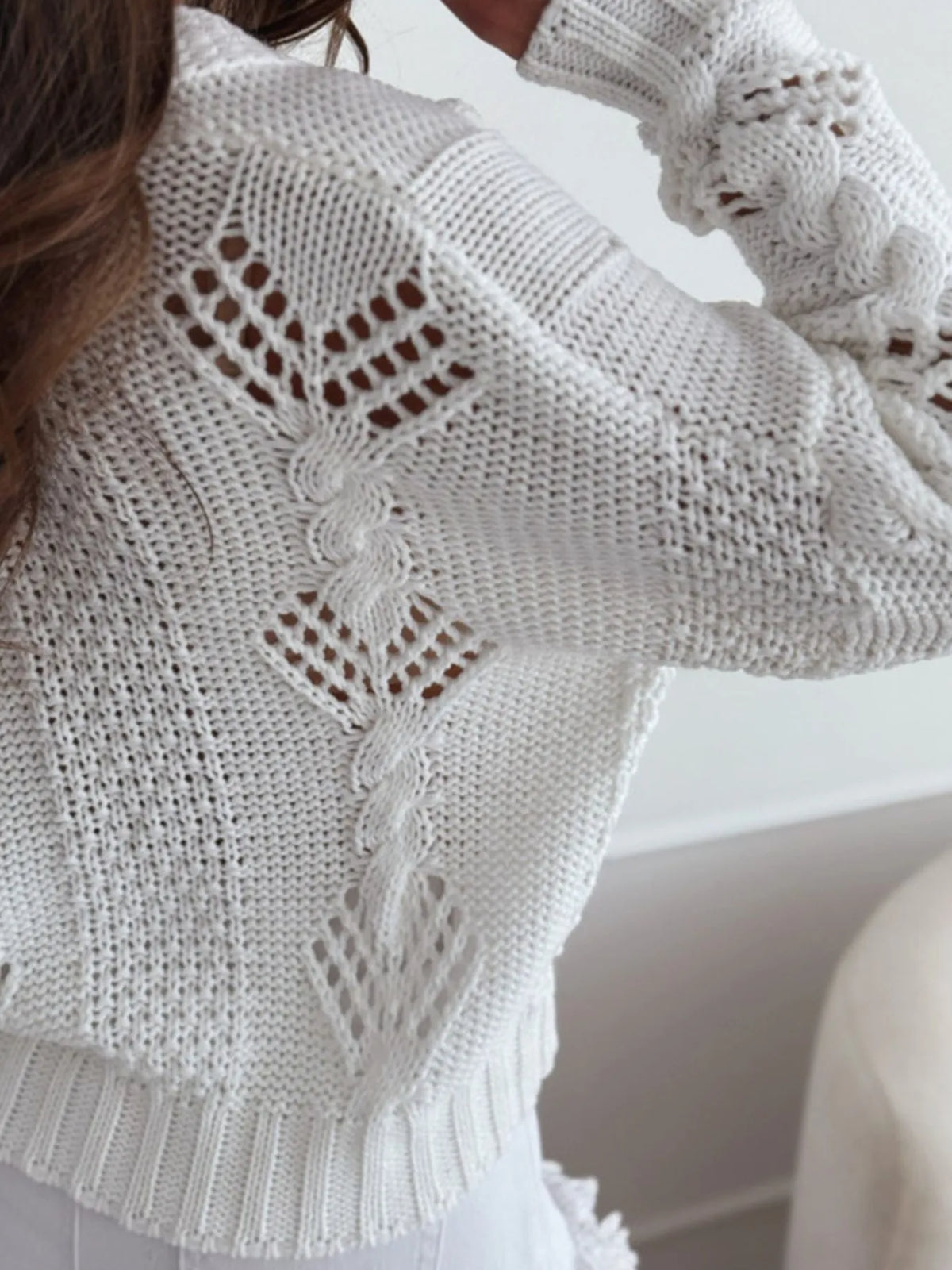 Button Up V-Neck Openwork Knit Cardigan by Trendsi, white 100% polyester