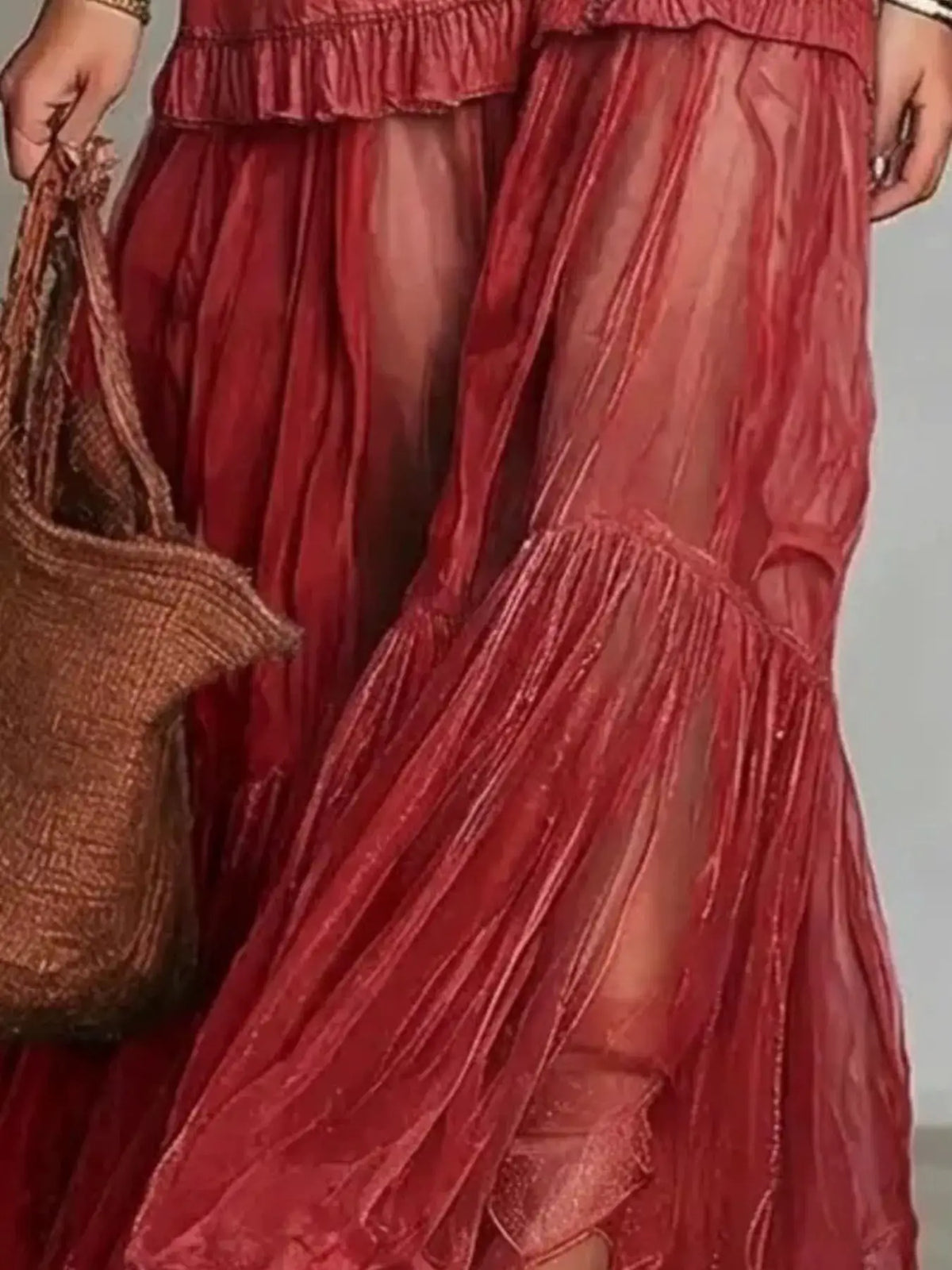 Plus size tiered long-sleeve red maxi dress with sheer overlay