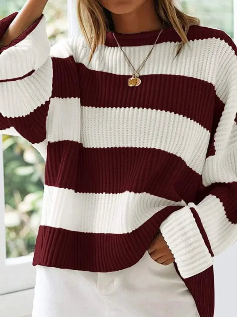 Essential round neck long sleeve striped soft-stretch knit sweater in burgundy and white